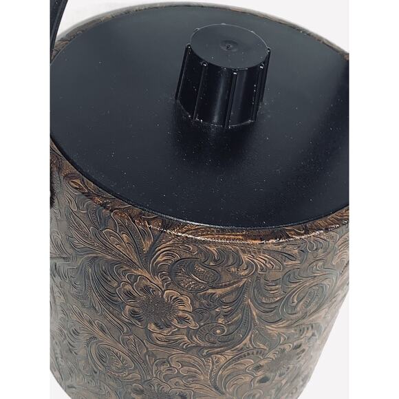 Ice Bucket Irvinware Dark Brown Faux Tooled Leather Floral Design 7.5" USA EUC - Picture 3 of 11
